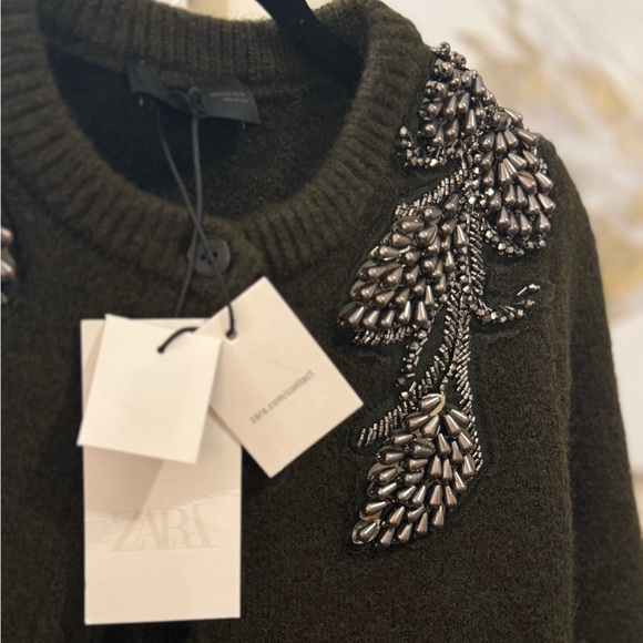 Zara Beaded Shoulder Cardigan Hunter Green Small NWT Silver Embellished Sweater - Picture 5 of 16